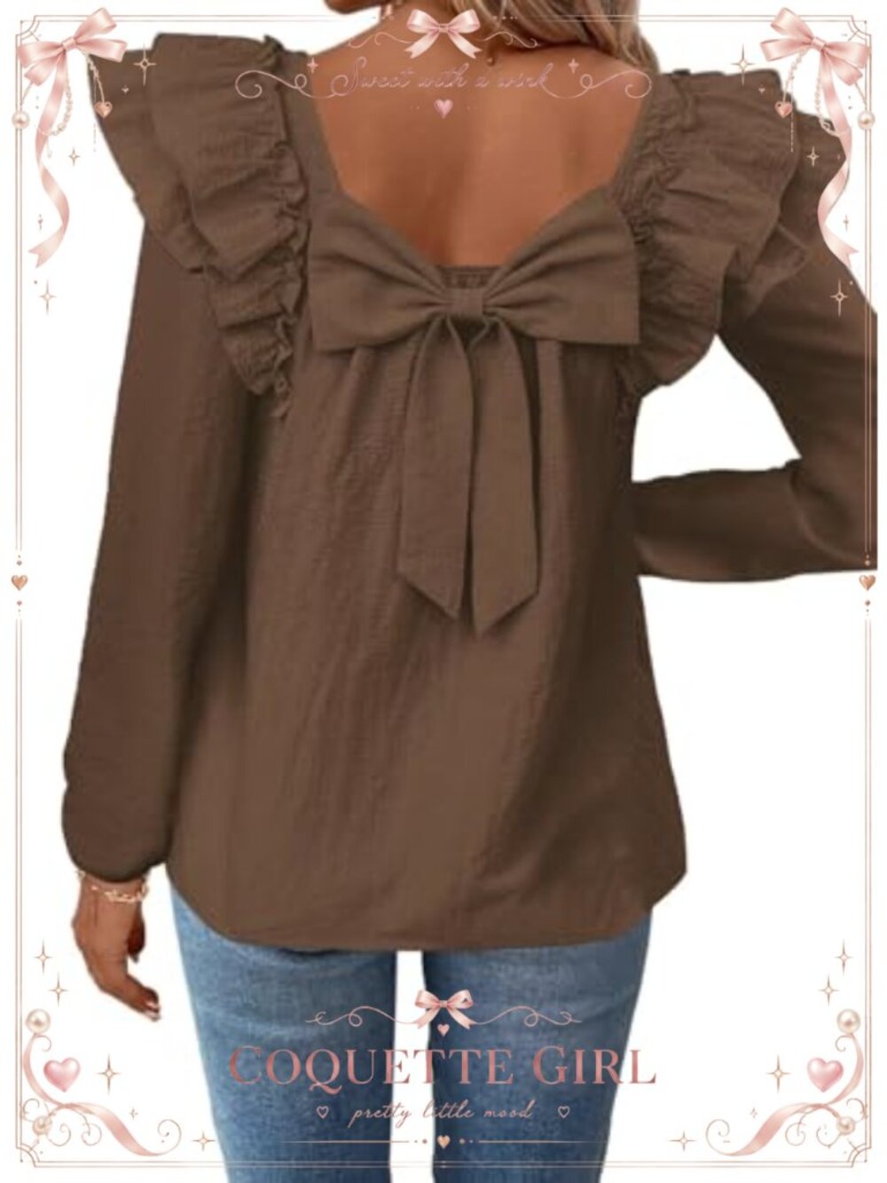 Womens Bow Tie Back Babydoll Square Neck Long Sleeve Blouse